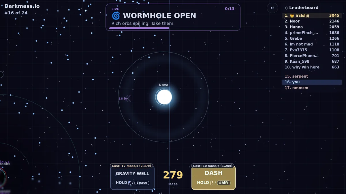 A Star mid-Dash in Darkmass.io while a wormhole event runs, the Dash button lit gold and the Gravity Well price still elevated at 2.37 times.