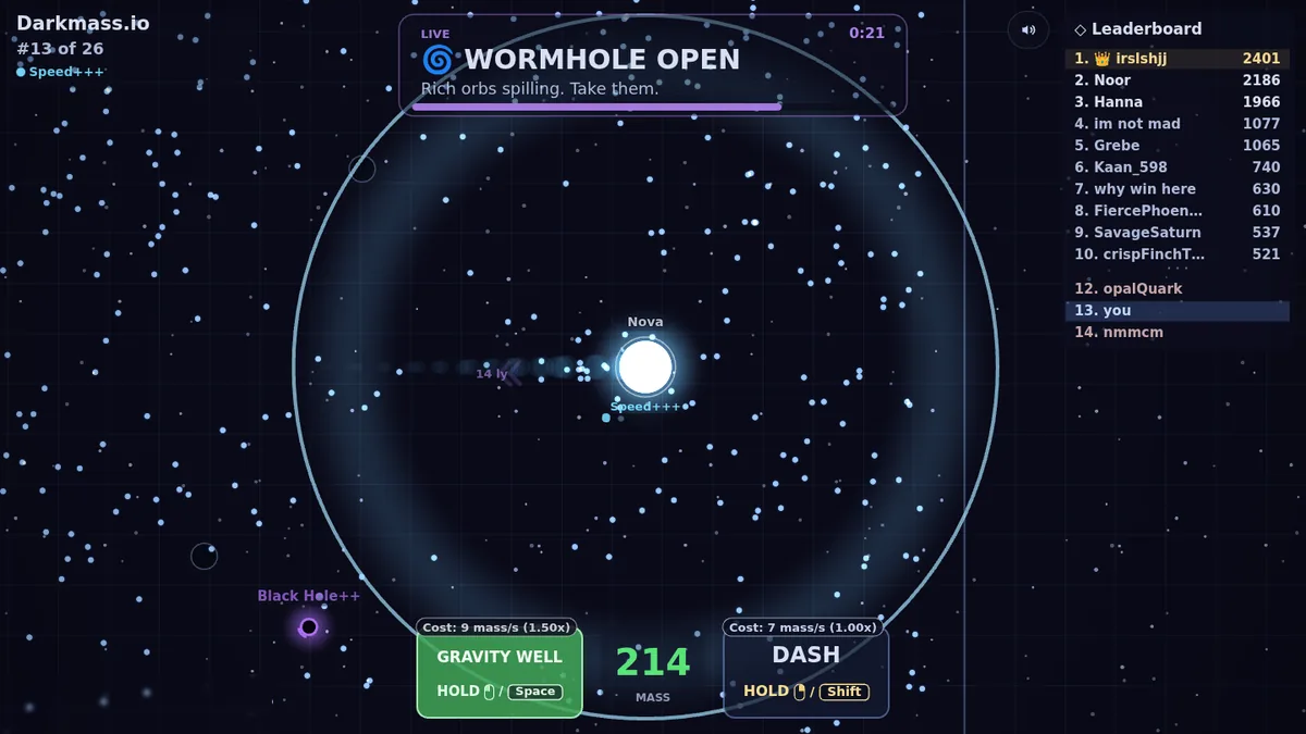 A Star at the centre of an open wormhole ring in Darkmass.io holding the Gravity Well, its button showing a live cost of 9 mass per second at 1.50 times.